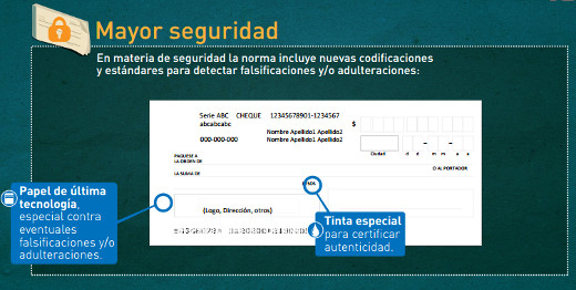 La imagen muestra características de seguridad del nuevo formato del cheque